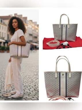 Tory Burch Cream and Navy Stripe Coated Canvas Tote